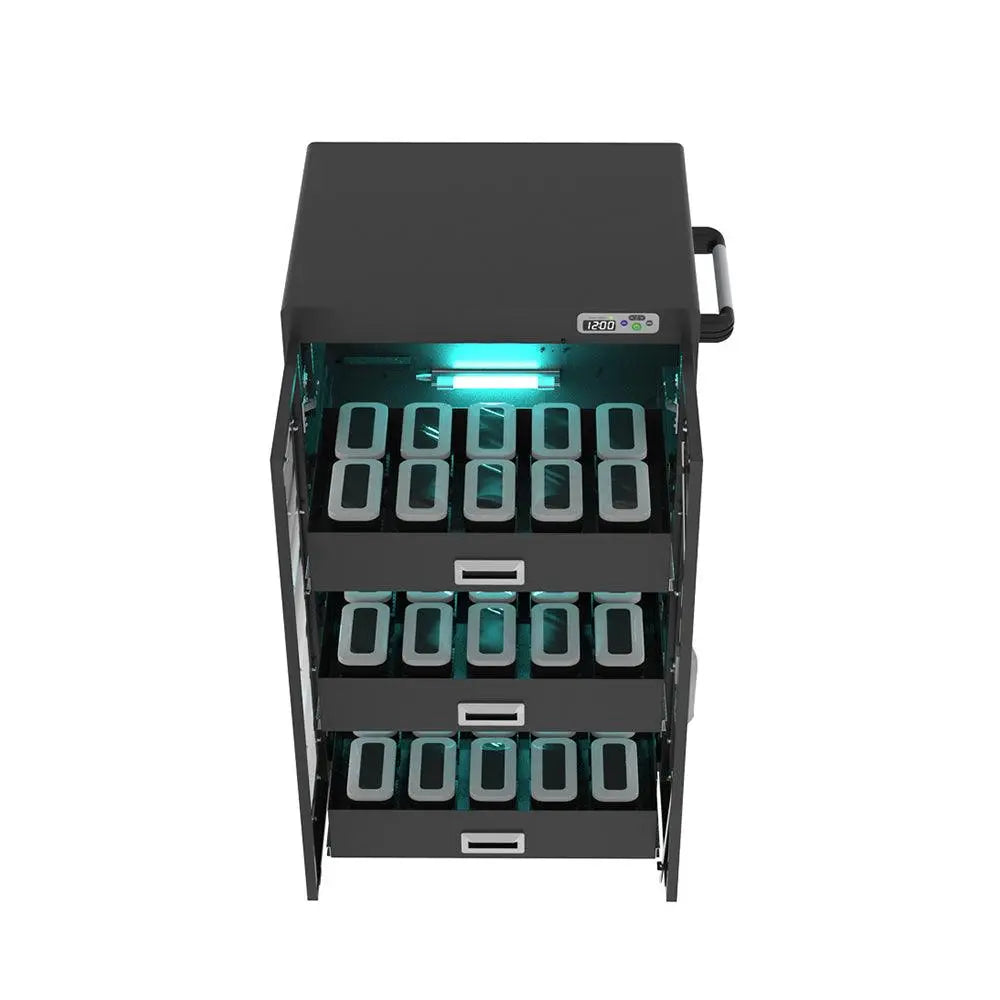 MetaNexusXR cabinet for 30 VR viewers, featuring integrated UV sterilization technology. | MetaNexusXR