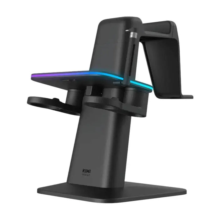 Close-up view of the magnetic USB-C connector on the KIWI design VR charging stand, ready to connect to a Meta Quest headset.