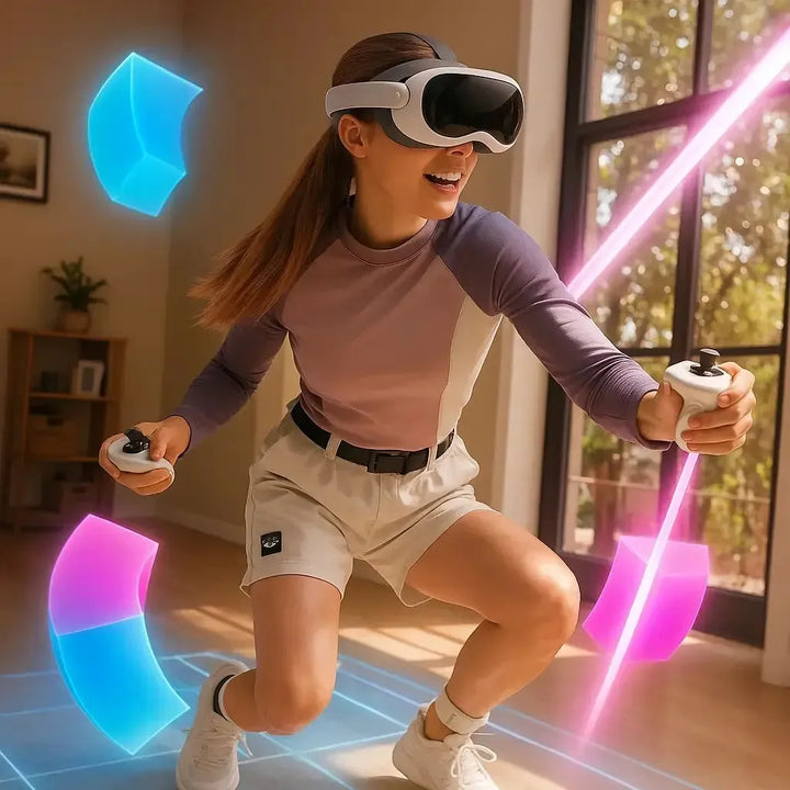 Person playing VR game with colorful lights on a wooden floor.