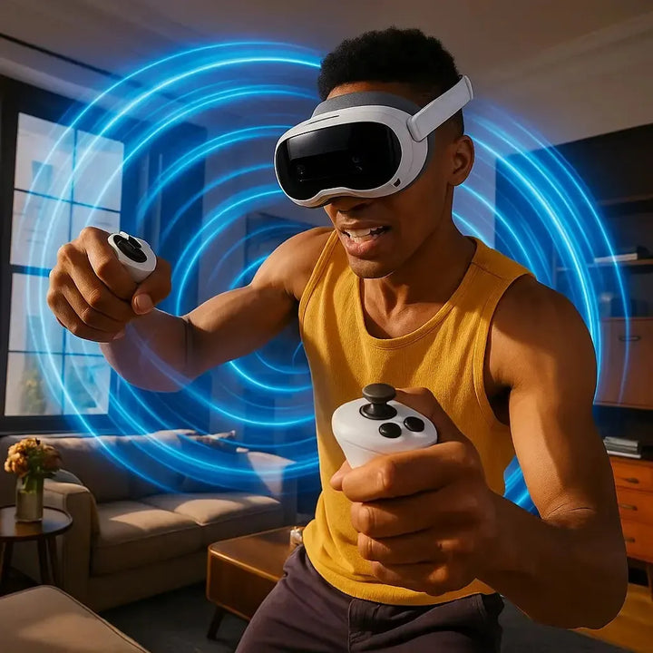A person in VR using the PICO 4 Ultra, with motion lines indicating full-body tracking.