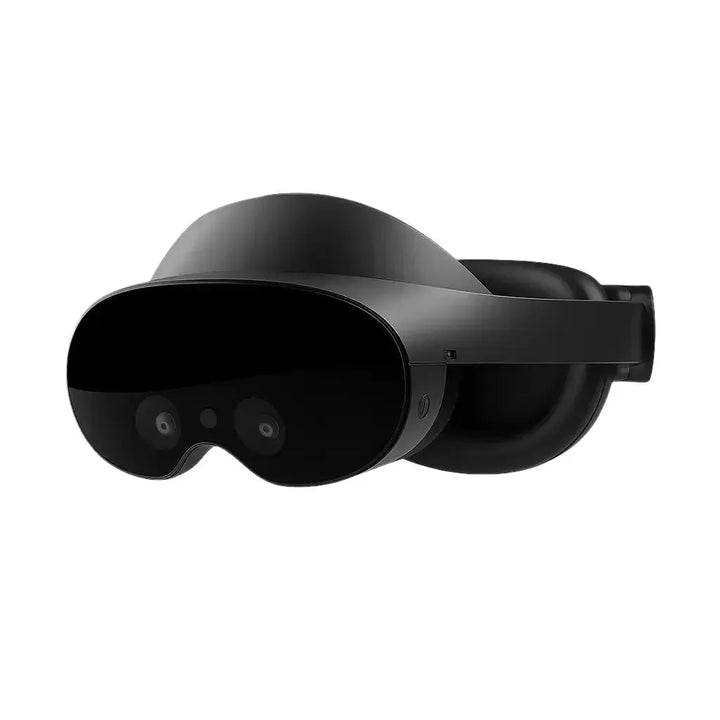 A sleek Meta Quest Pro headset shown at an angle, highlighting its open design and cameras.