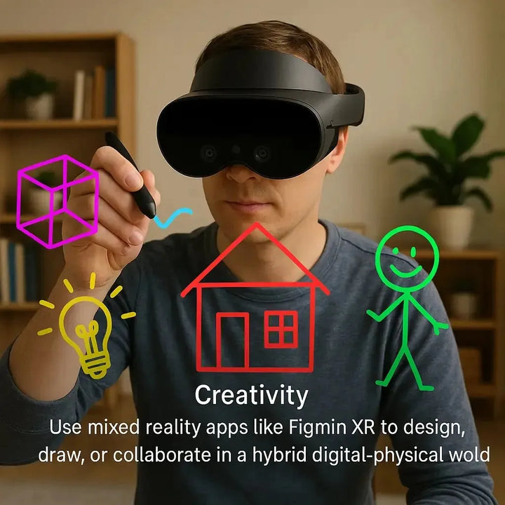 A user wearing the Meta Quest Pro headset, with virtual elements overlaid onto their real-world office environment.