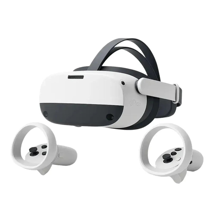 Angled view of the Pico Neo 3 Pro Eye VR headset, showcasing its four front-facing tracking cameras.