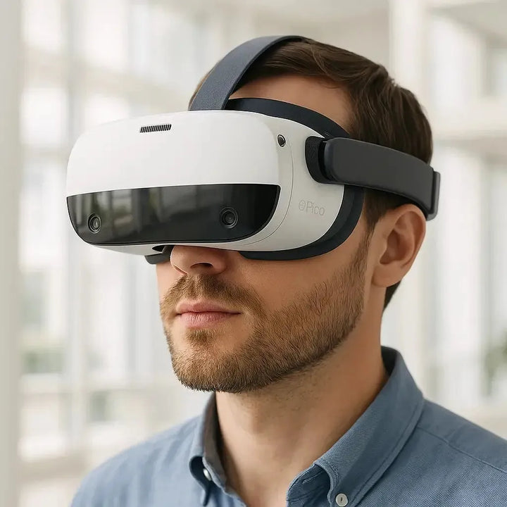 A professional using the Pico Neo 3 Pro Eye headset in an enterprise training simulation environment.