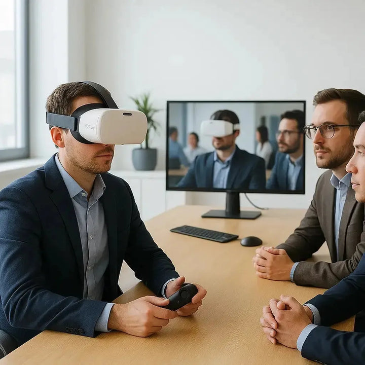 A person wearing the PICO G3 VR headset in a professional, business environment.