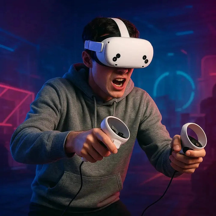 A user wearing the Meta Quest 3s headset, experiencing mixed reality with virtual objects integrated into their real-world environment.