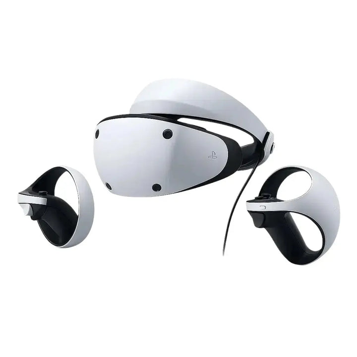 Front view of the sleek black and white PlayStation VR2 headset with tracking cameras visible.