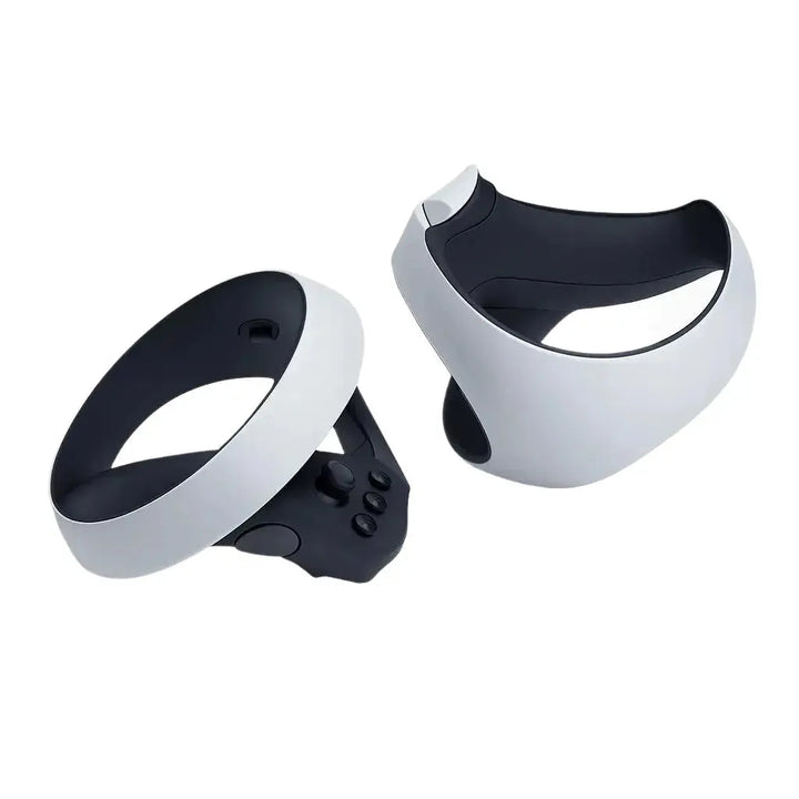 A pair of black and white PlayStation VR 2 Sense controllers, highlighting their ergonomic design and unique orb shape.