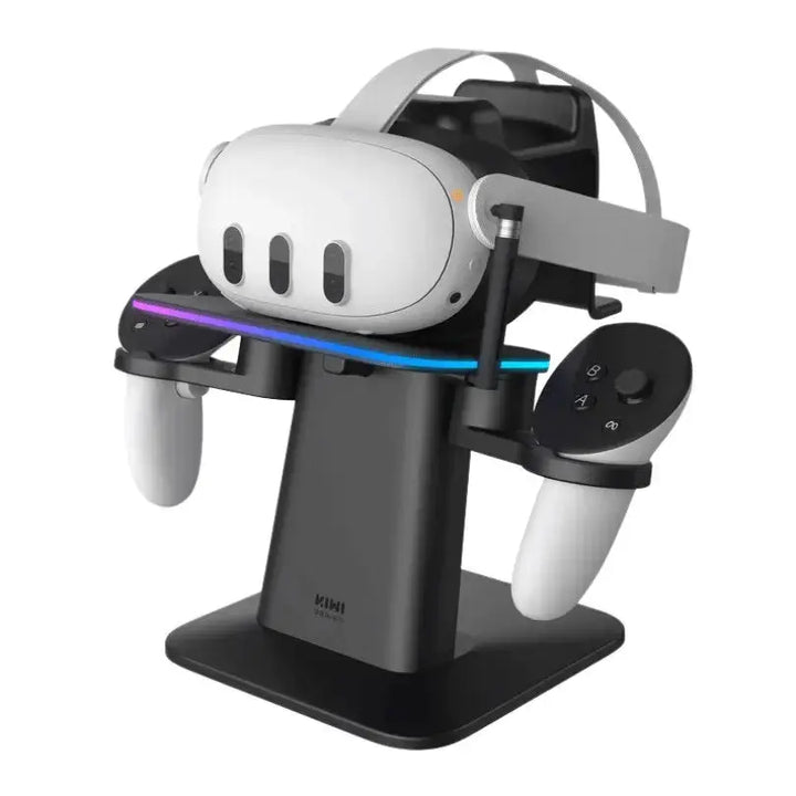 A Meta Quest VR headset elegantly displayed and charging on the KIWI design RGB Vertical Charging Stand with its base illuminated.
