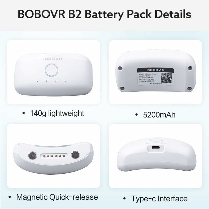 BOBOVR B2 For Meta Quest 2 VR Headset M2 Pro / M3 Pro Head Strap Battery Pack 5200mAh Replacement External Battery Metanexus XR