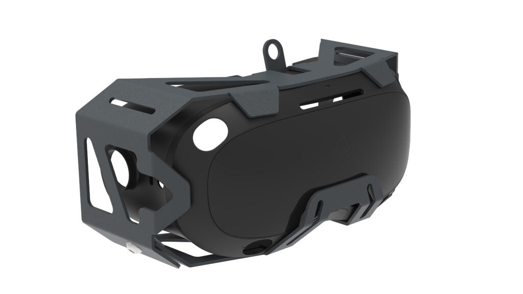 MetaNexusXR TitanSkinVR, a durable black protective cover, snugly fitted on an HTC VIVE Focus 3 VR headset. | MetaNexusXR