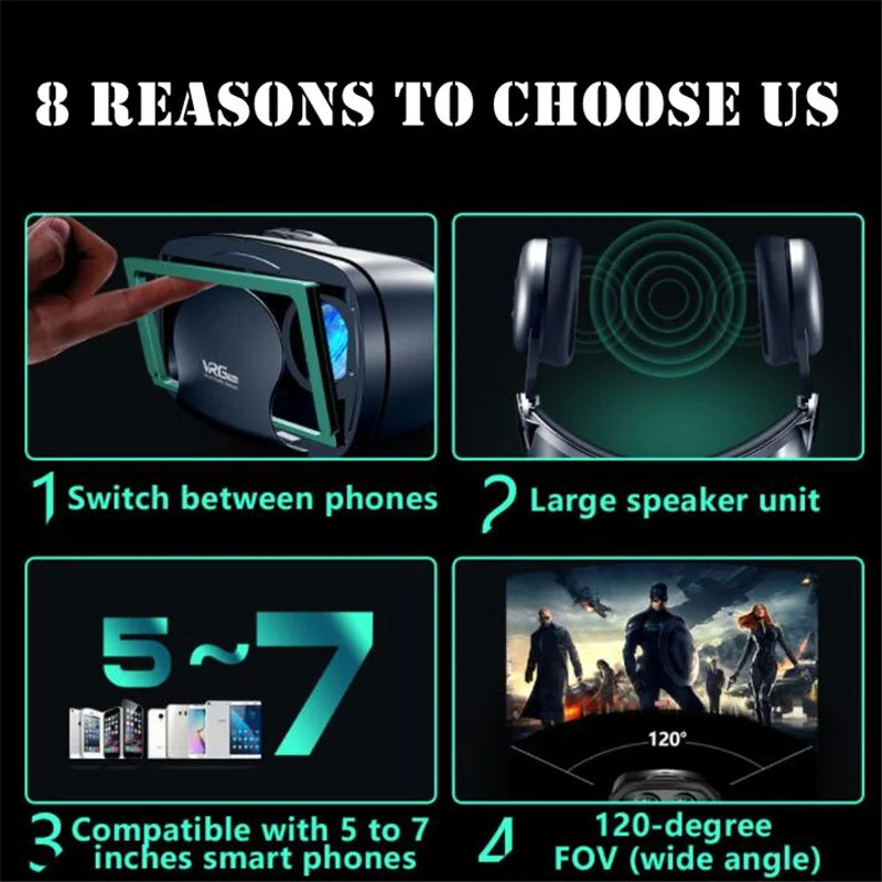 Black VR headset housing 5-7 in smartphones with wireless gamepad shown for 3D displays | MetaNexusXR