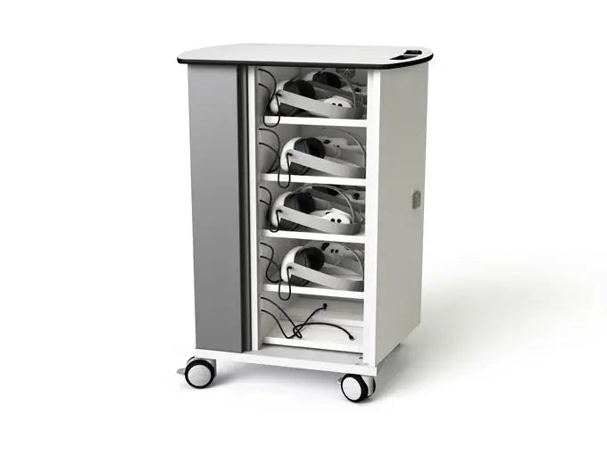 MetaNexusXR ZIOXI USB-C cart securely charging rows of XRShop VR headsets. | MetaNexusXR