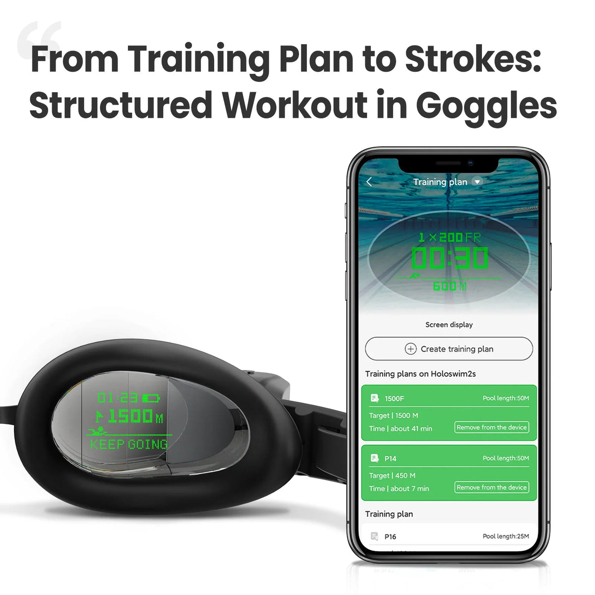 Holoswim Pro AR swim goggles showing OLED fitness stats with anti-fog open-water mode | MetaNexusXR