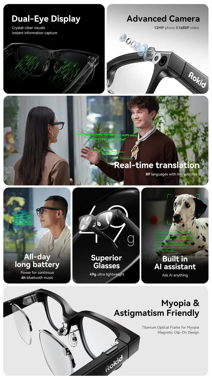 Rokid Glasses lightweight AR smartglasses take photos navigate in real time translate teleprompters AI Glasses Metanexus XR