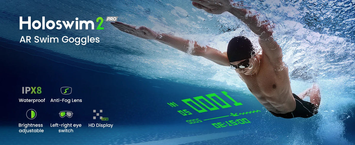 Holoswim 2 Pro AR goggles showing lap stats and open-water mode readouts | MetaNexusXR