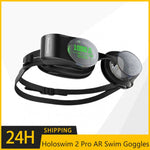 Holoswim Pro AR goggles showing distance and pace metrics on OLED for swimmers, anti-fog design | MetaNexusXR
