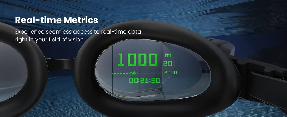Holoswim Pro AR goggles showing real-time lap stats on OLED with open-water mode | MetaNexusXR