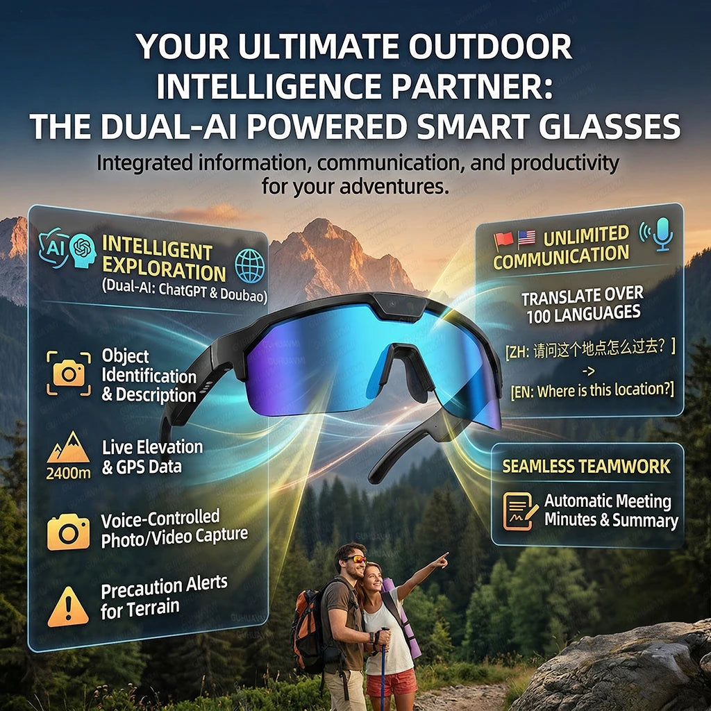 MetaNexusXR AI smart glasses for outdoor sports, featuring 800W camera, 100+ language translation, 3000W photos, and 1200P video. | MetaNexusXR