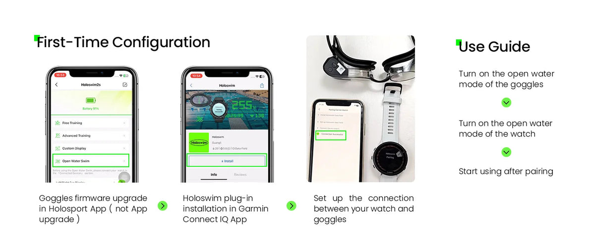 Holoswim Pro AR goggles showing live swim metrics on OLED and open water mode readout | MetaNexusXR