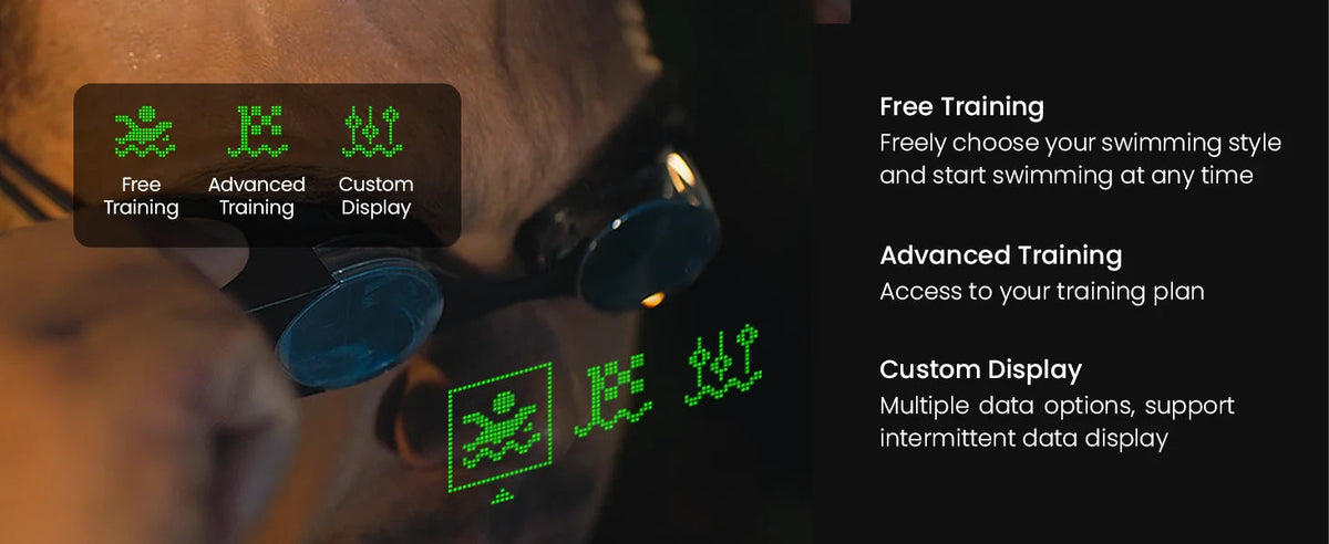 MetaNexusXR Holoswim Pro goggles show OLED open-water metrics with heart rate and time | MetaNexusXR