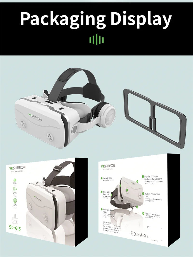 G15E VR headset with smartphone cradle for IMAX-style 3D viewing, reflective visor gleaming | MetaNexusXR