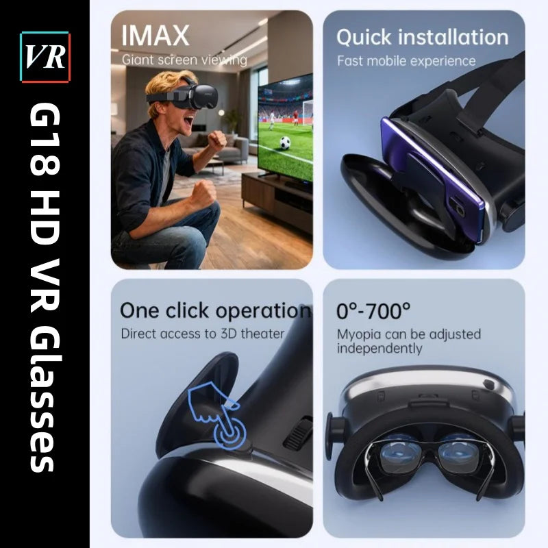 Black G18 VR headset with built-in phone cradle beside dual game joysticks | MetaNexusXR