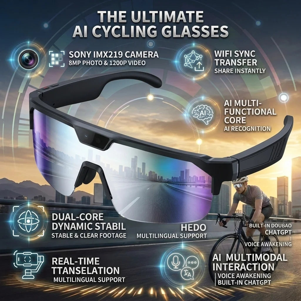 MetaNexusXR AI smart glasses for outdoor sports: 800W camera, 100+ translations, 3000W photo, 1200P video, AI voice assistant. | MetaNexusXR