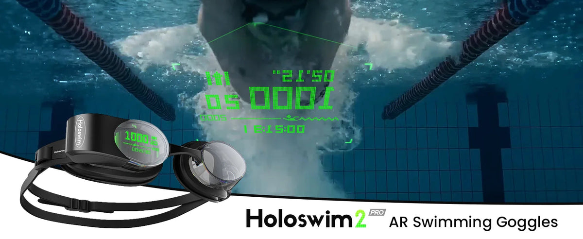 Holoswim Pro AR swim goggles with dual OLED metrics display and open water mode interface | MetaNexusXR