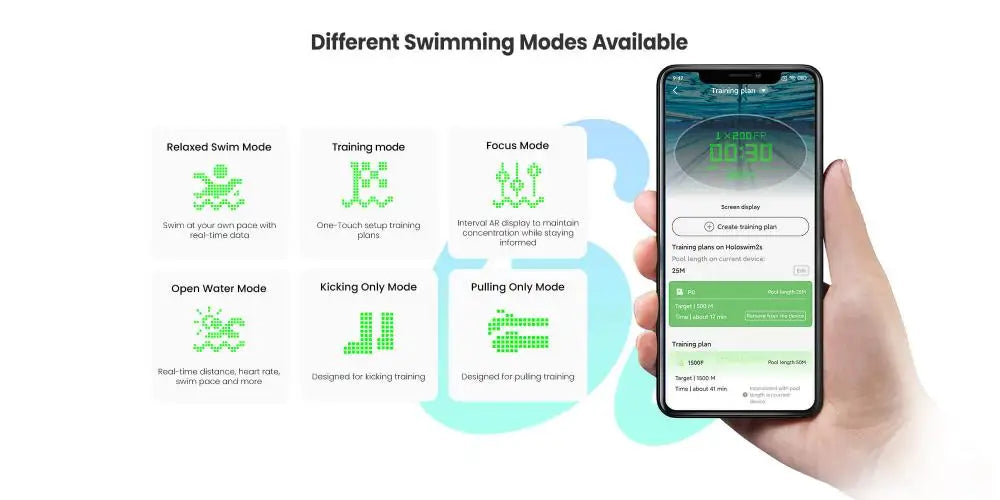 Holoswim 2 GO smart goggles projecting lap metrics on swimmer in pool lanes | MetaNexusXR
