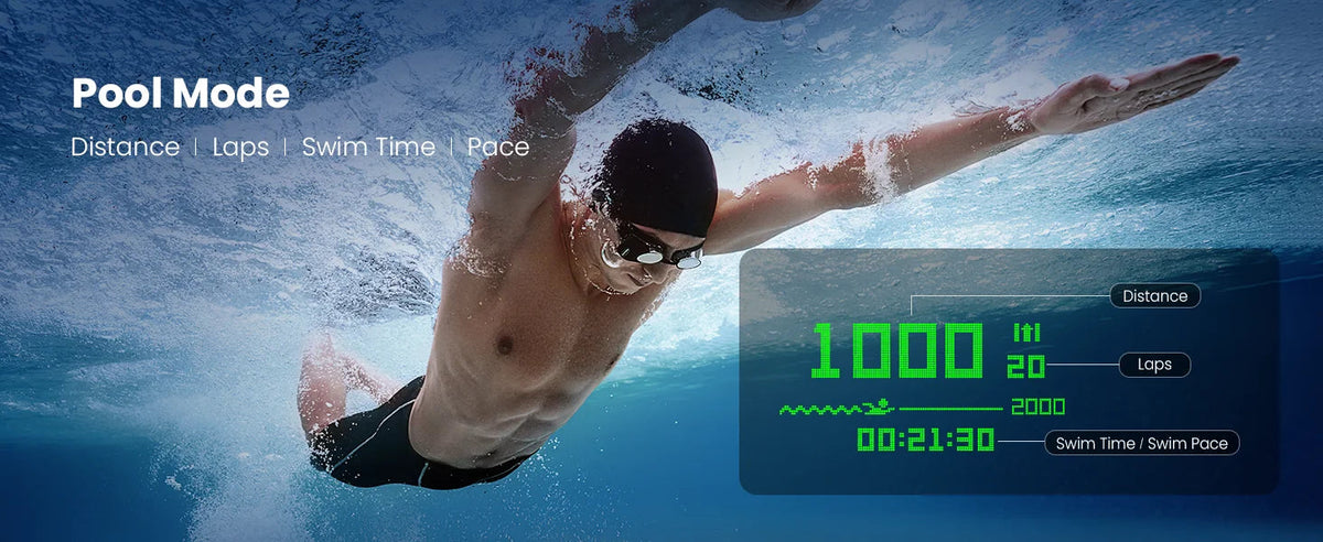 Holoswim 2 Pro AR goggles showing OLED swim metrics, anti-fog design, open water-ready | MetaNexusXR