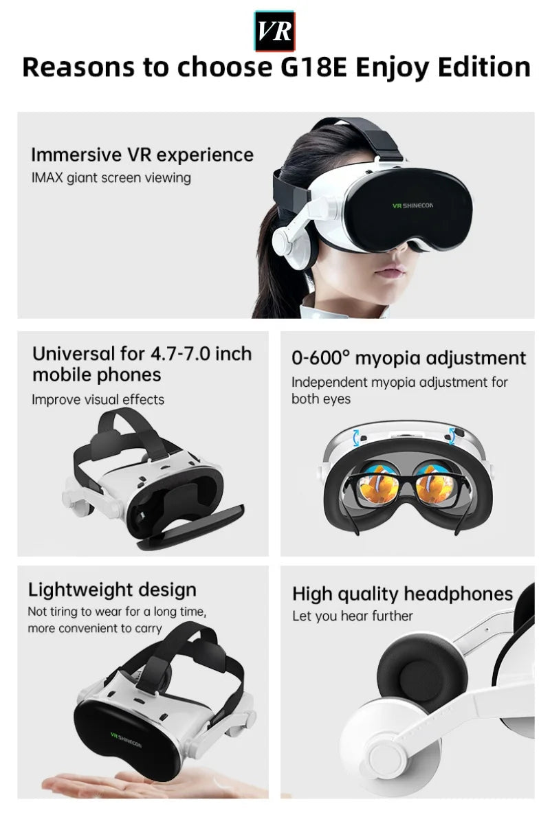 Black G18E mobile VR headset with adjustable straps and 4.7-7 inch smartphone cradle, 3D HD stereo ready | MetaNexusXR