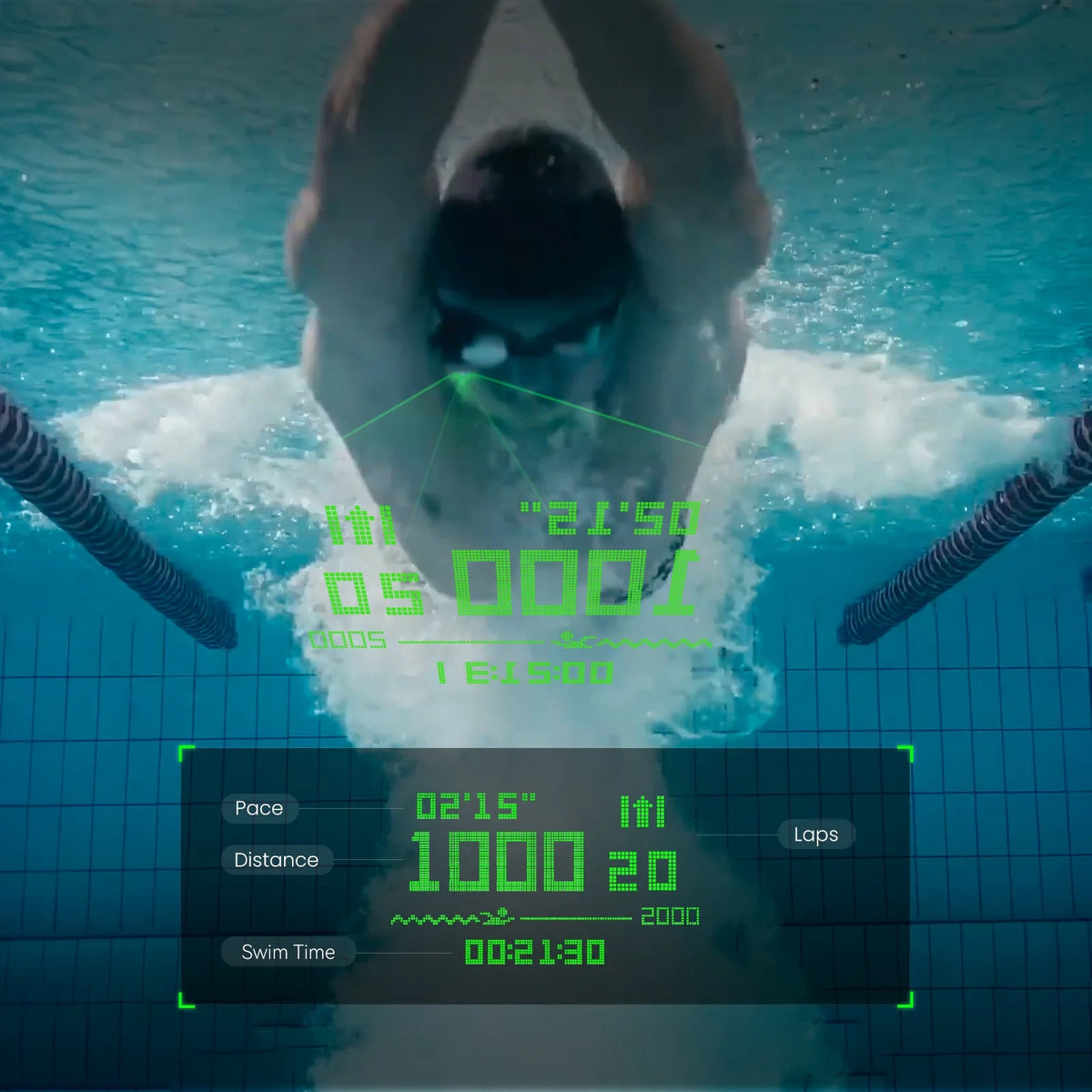 Holoswim Pro AR swimming goggles projecting heart rate, pace, and open-water mode metrics for training | MetaNexusXR