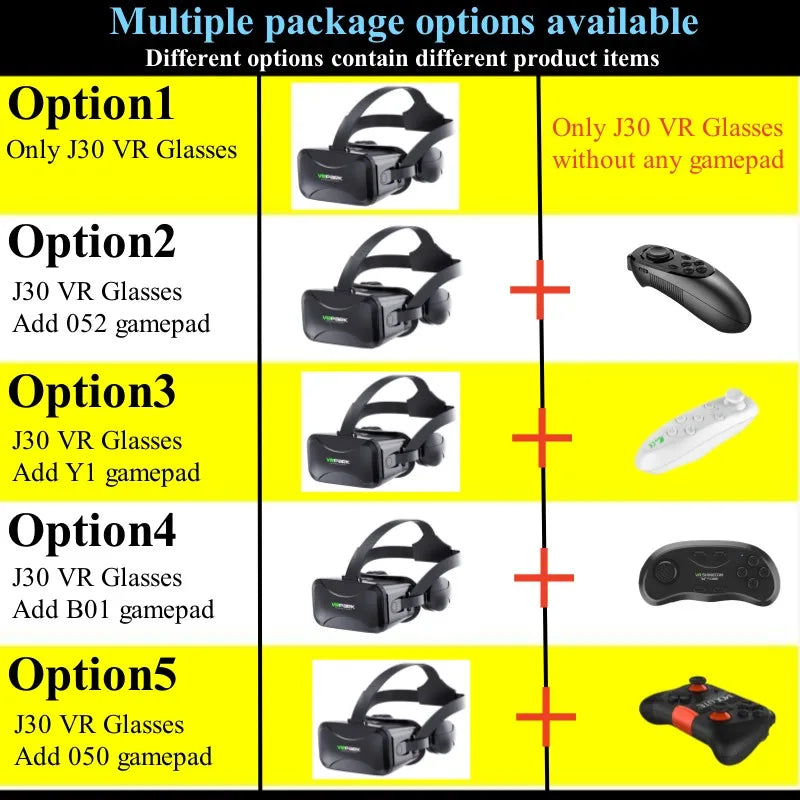 MetaNexusXR J30 VR headset box, displaying 4K 3D glasses and headset, compatible with iOS and Android phones up to 6.7". | MetaNexusXR