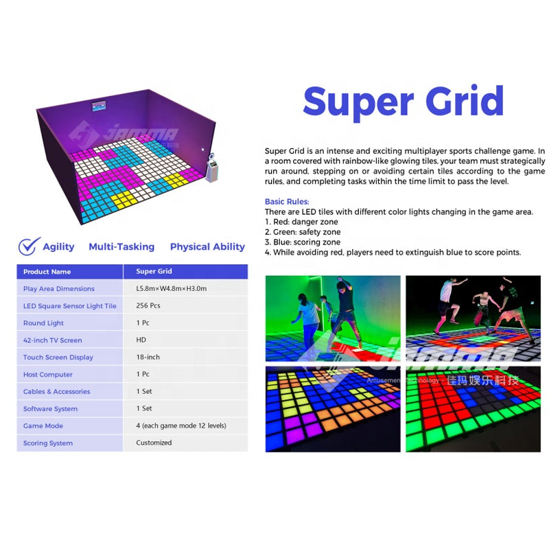 MetaNexusXR's activated LED dance grid floor tiles glow vibrantly, ready for interactive touch games. | MetaNexusXR