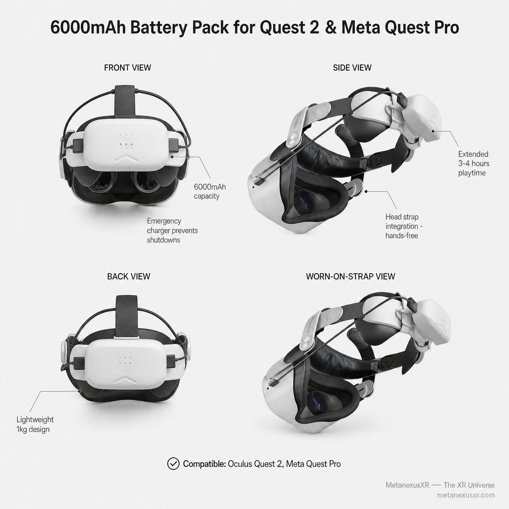 Battery Pack 6000mAh Quest 2 Pro VR Charger Head Strap — MetanexusXR — The XR Universe