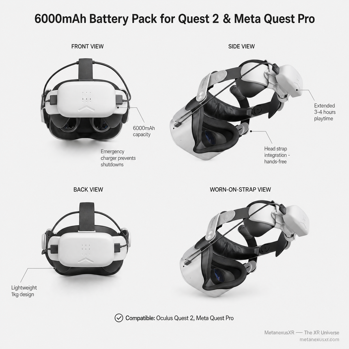 Battery Pack 6000mAh Quest 2 Pro VR Charger Head Strap — MetanexusXR — The XR Universe