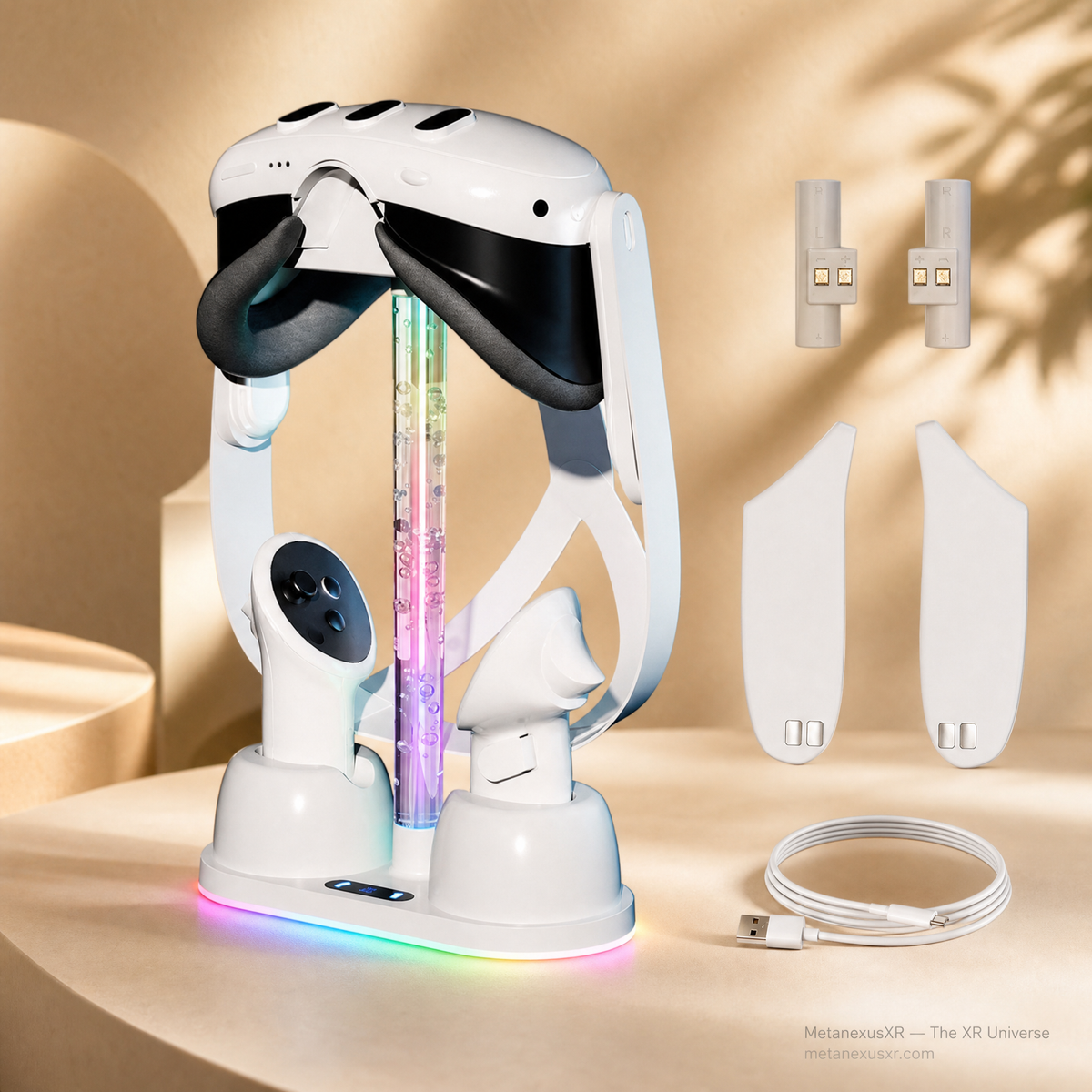 Meta Quest 3 RGB charging stand with headset docked, SKU 681700537A