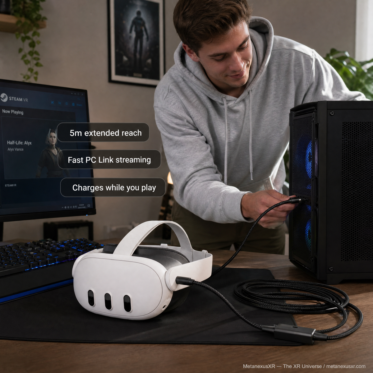 Nylon braided 5m VR link cable for Meta Quest 3 and PICO 4 PC link — Metanexus XR