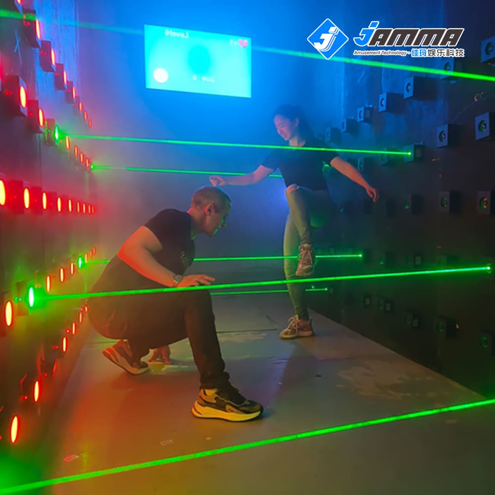 MetaNexusXR laser maze game kit fills a misty room with crisscrossing red beams, creating an immersive experience. | MetaNexusXR