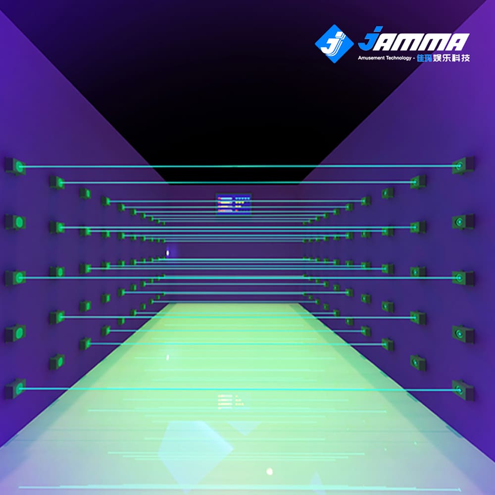 MetaNexusXR laser maze kit fills a smoky room with green lasers, creating an immersive, challenging game experience. | MetaNexusXR