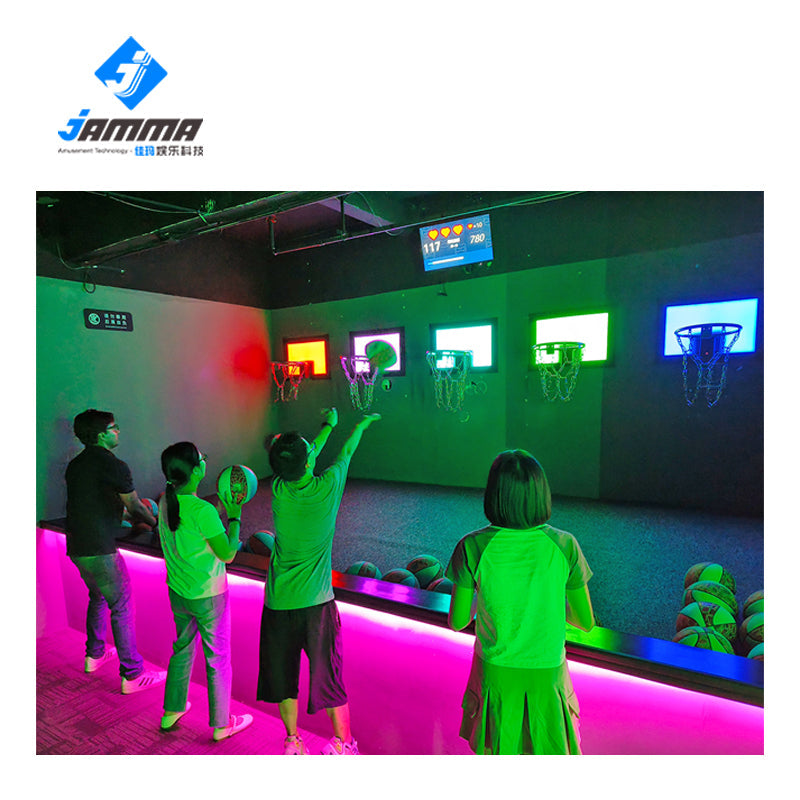 An athlete shooting a basketball during an immersive MetaNexusXR interactive sensor game. | MetaNexusXR