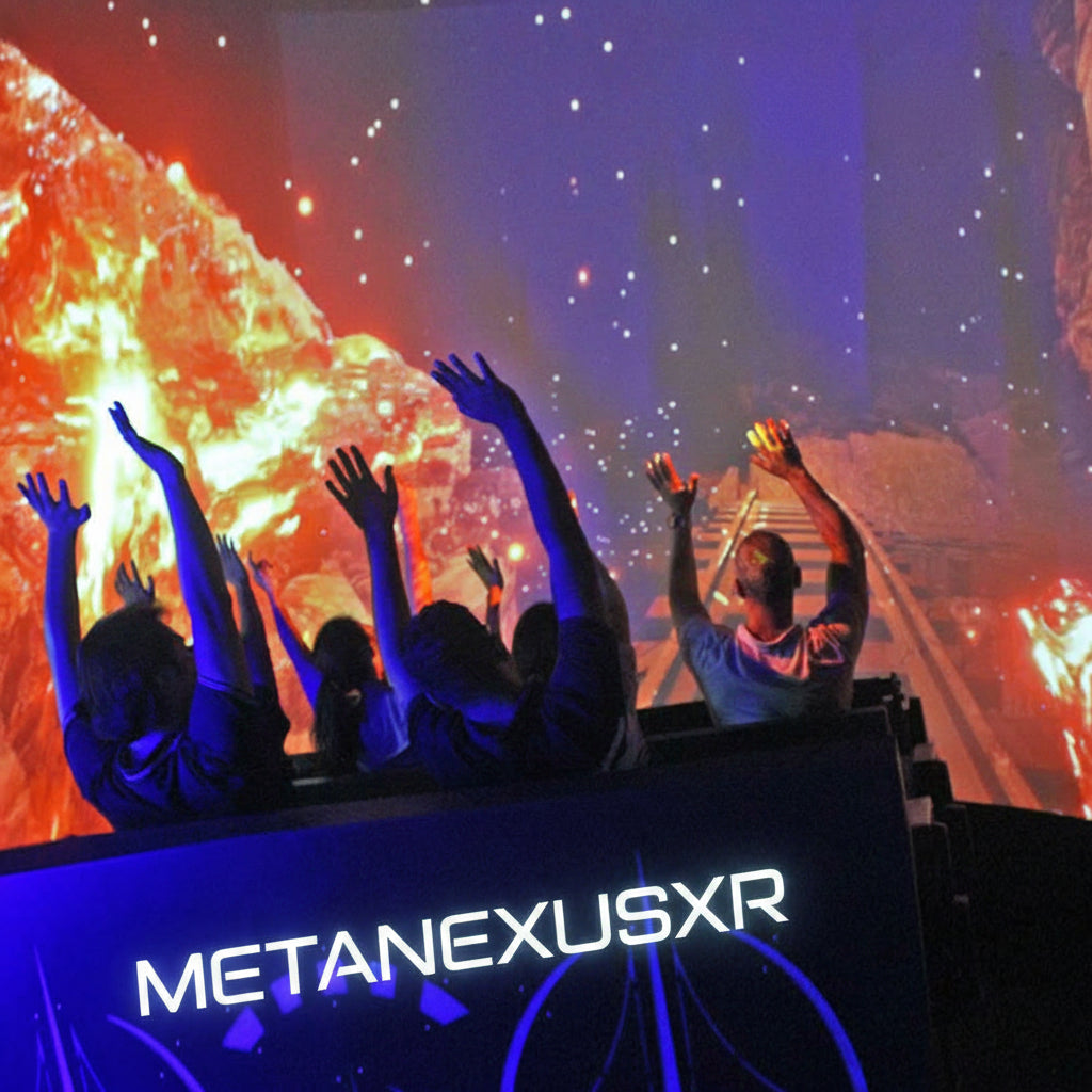 MetaNexusXR's next-gen glasses-free 3D orbital cinema dark ride, featuring immersive projections in a circular theater.