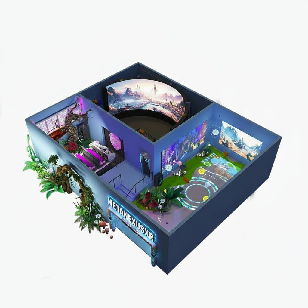Futuristic scene of MetaNexusXR's glasses-free 3D orbital cinema dark ride, an immersive next-gen park attraction.