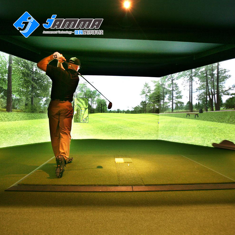 MetaNexusXR multi-sport simulator: athlete kicks a virtual soccer ball on a large screen, golf clubs await. | MetaNexusXR