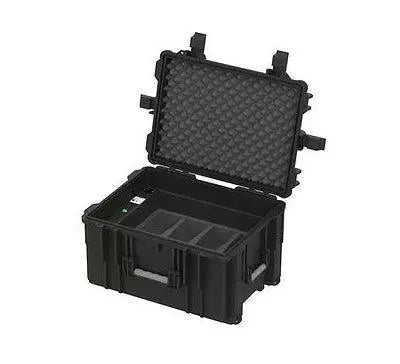 MetaNexusXR deployment cart with 8 VR headsets, neatly arranged beside a digital display. | MetaNexusXR