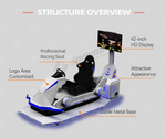 MetaNexusXR VR racing car experience: user pilots a simulator at an immersive science exhibit. | MetaNexusXR